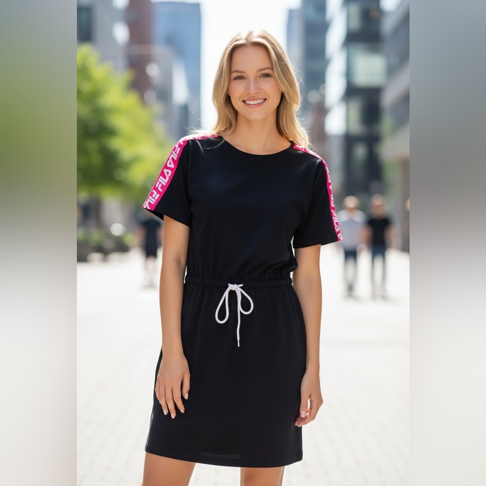 NWT Fila Spell Out Logo Stripe Drawstring Dress Black Pink M